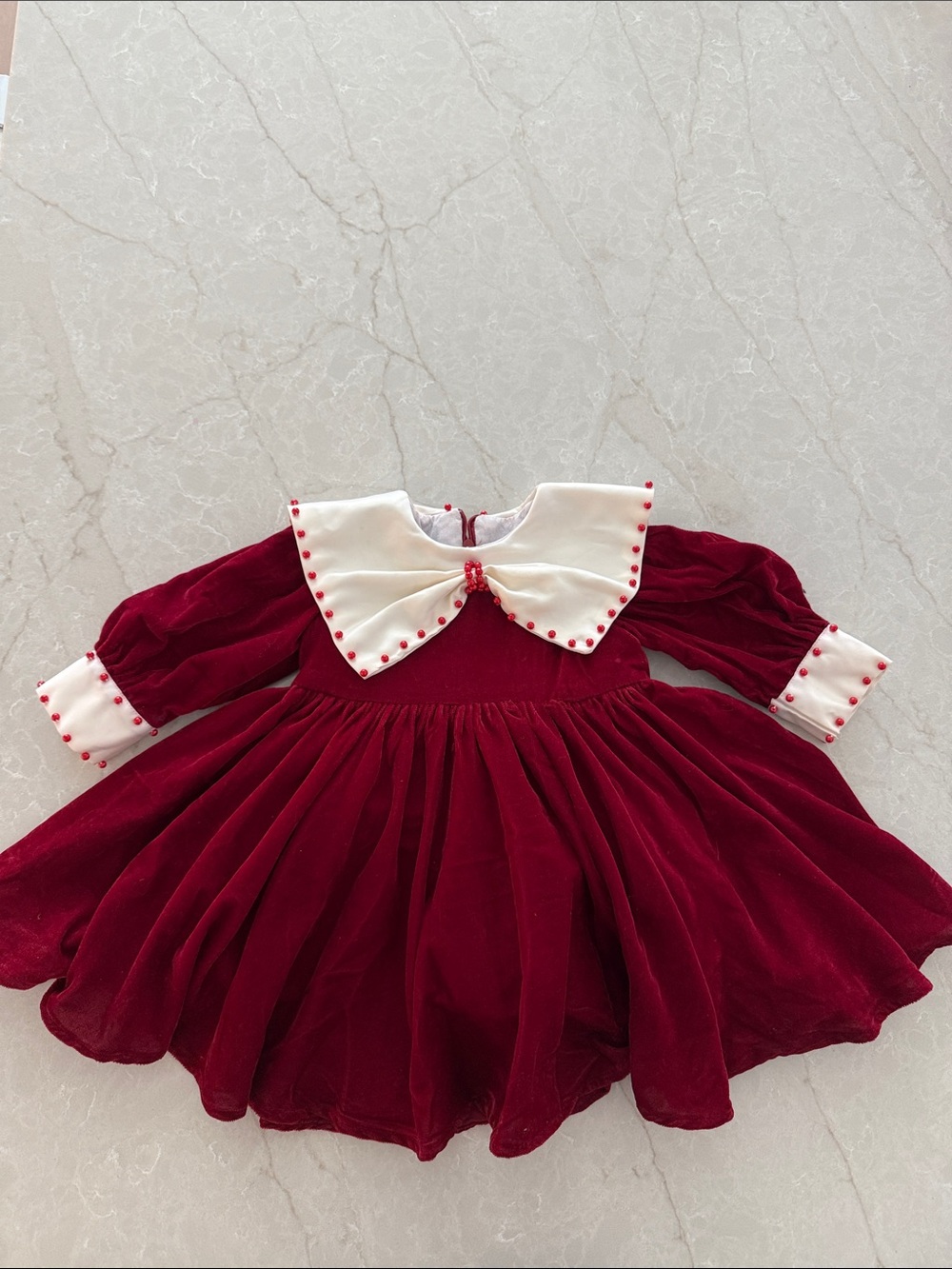 Velvet Burgundy 2T Dress with Pearl-Trimmed White/Cream Satin Collar, cuffs, bow